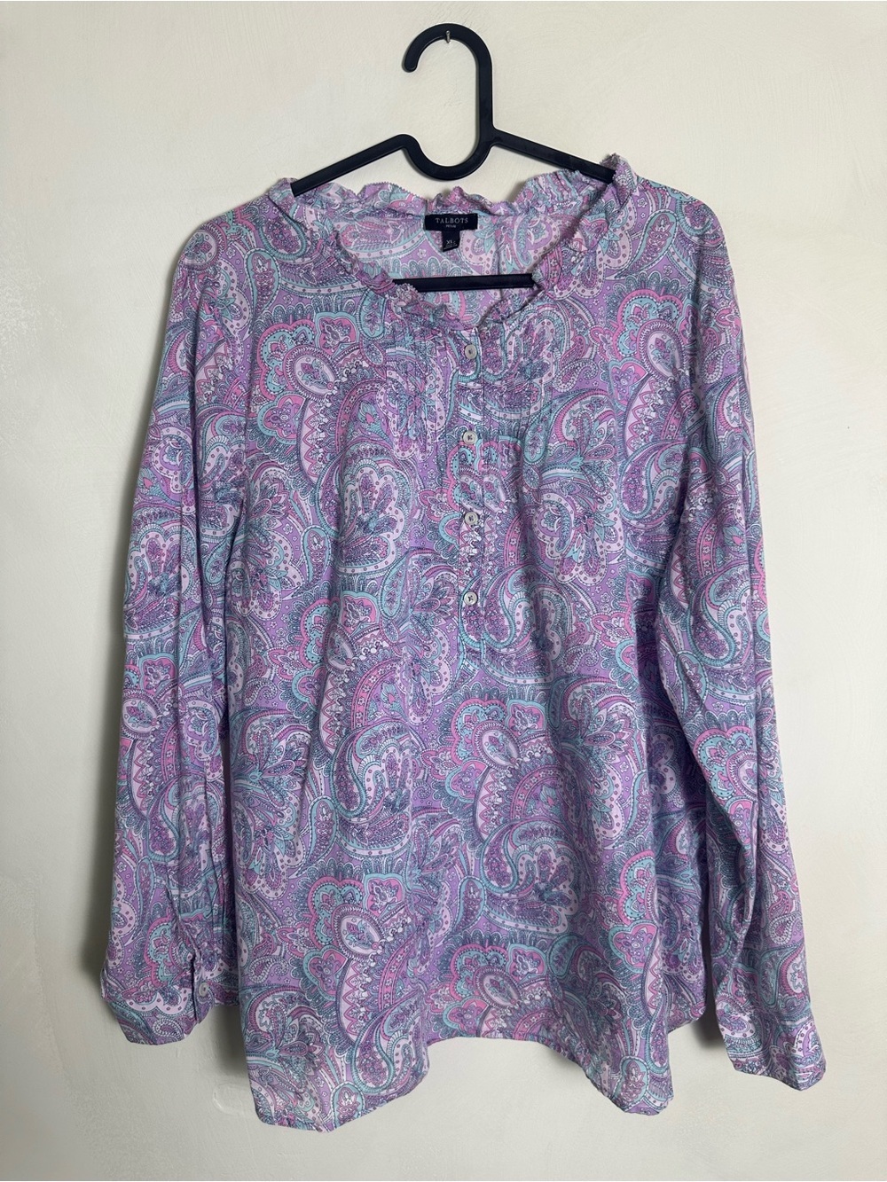 Talbots Pleated Ruffle Popover Pastel Paisley Cotton Blouse Women’s Size XL P
